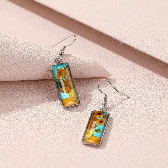 Sunflower Van Gogh Painting Drop Dangle Fish Hook Earrings  - Picture 2 of 6